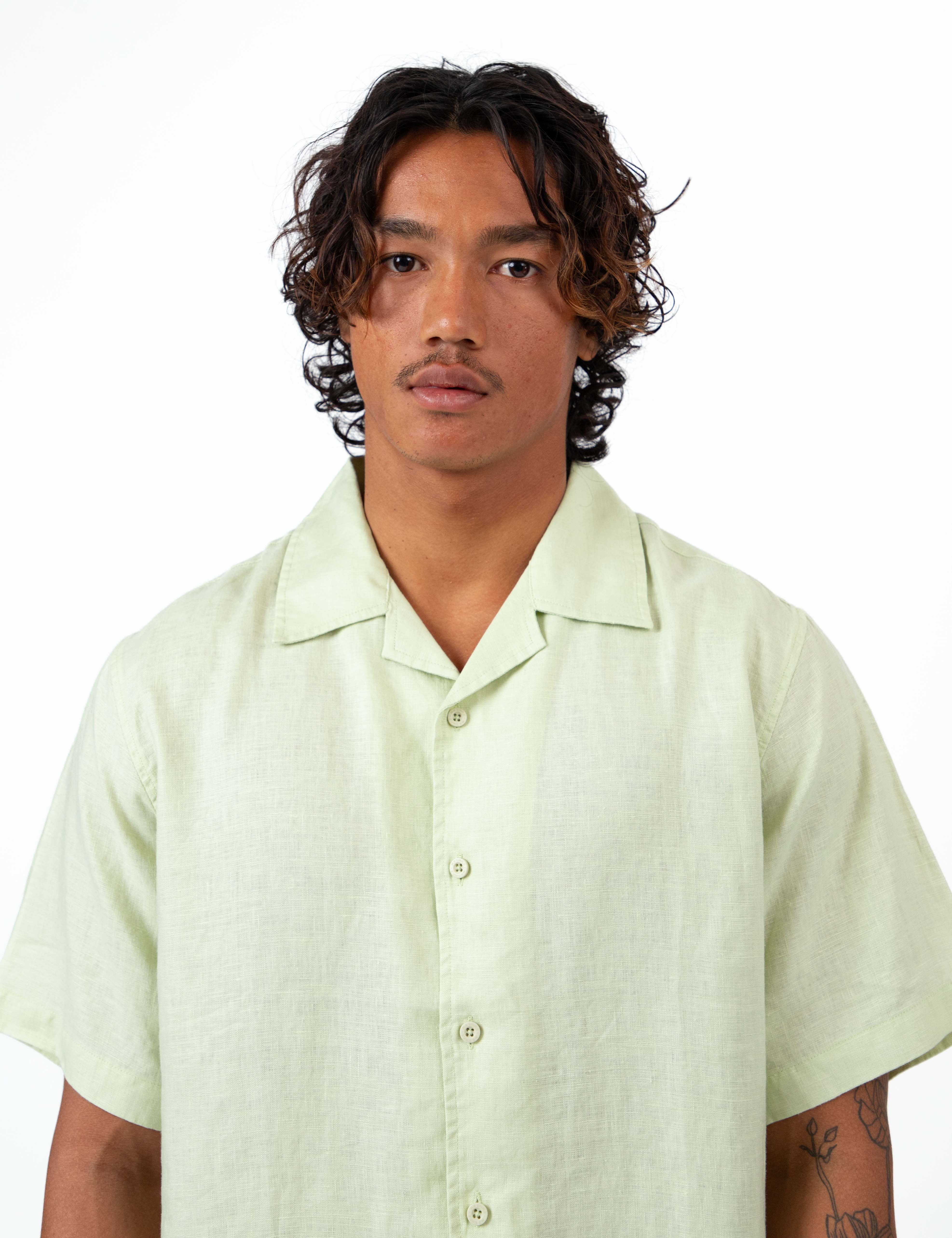Cuban Linen Short Sleeve Shirt - Fog Green - Image 14