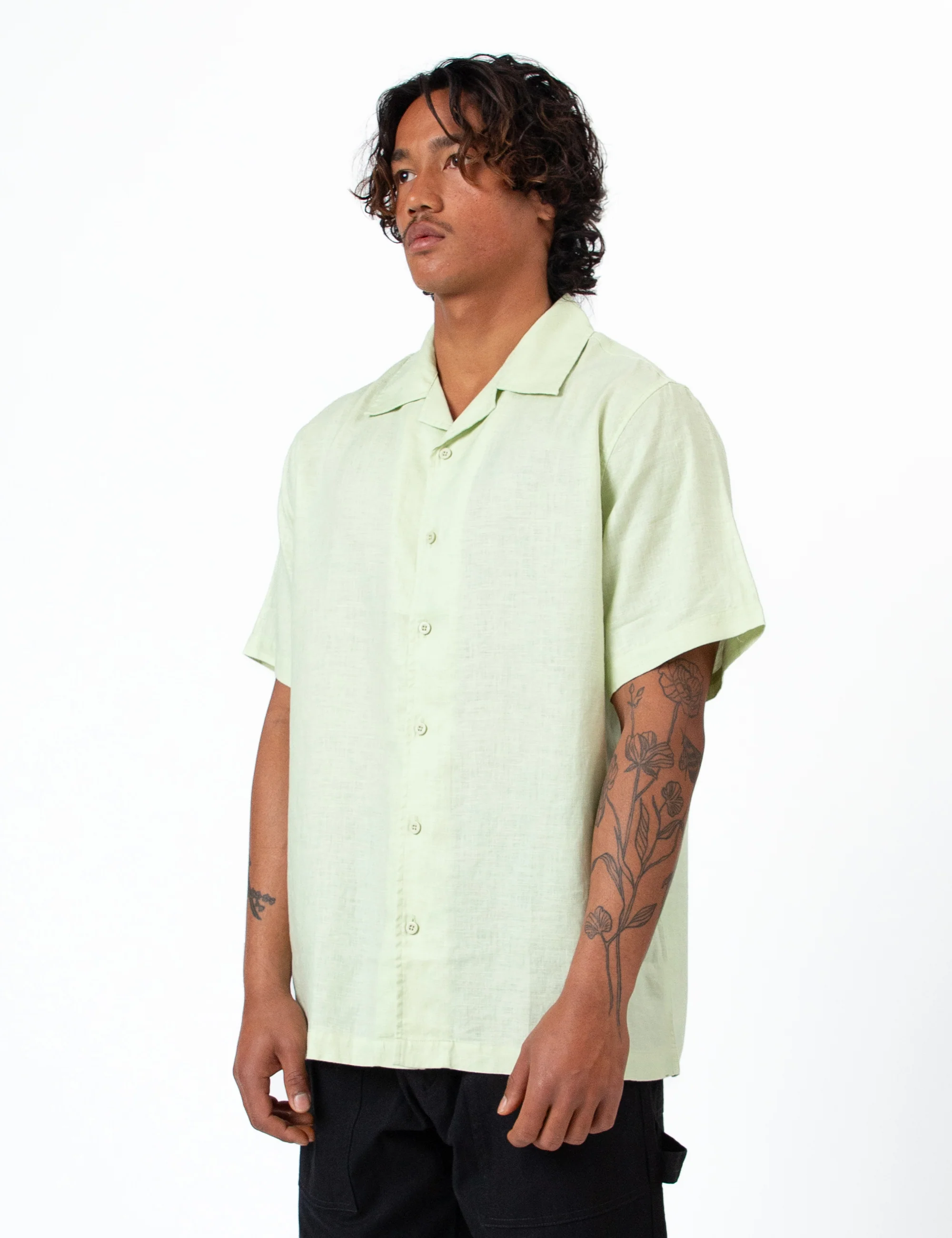 Cuban Linen Short Sleeve Shirt - Fog Green - Image 4