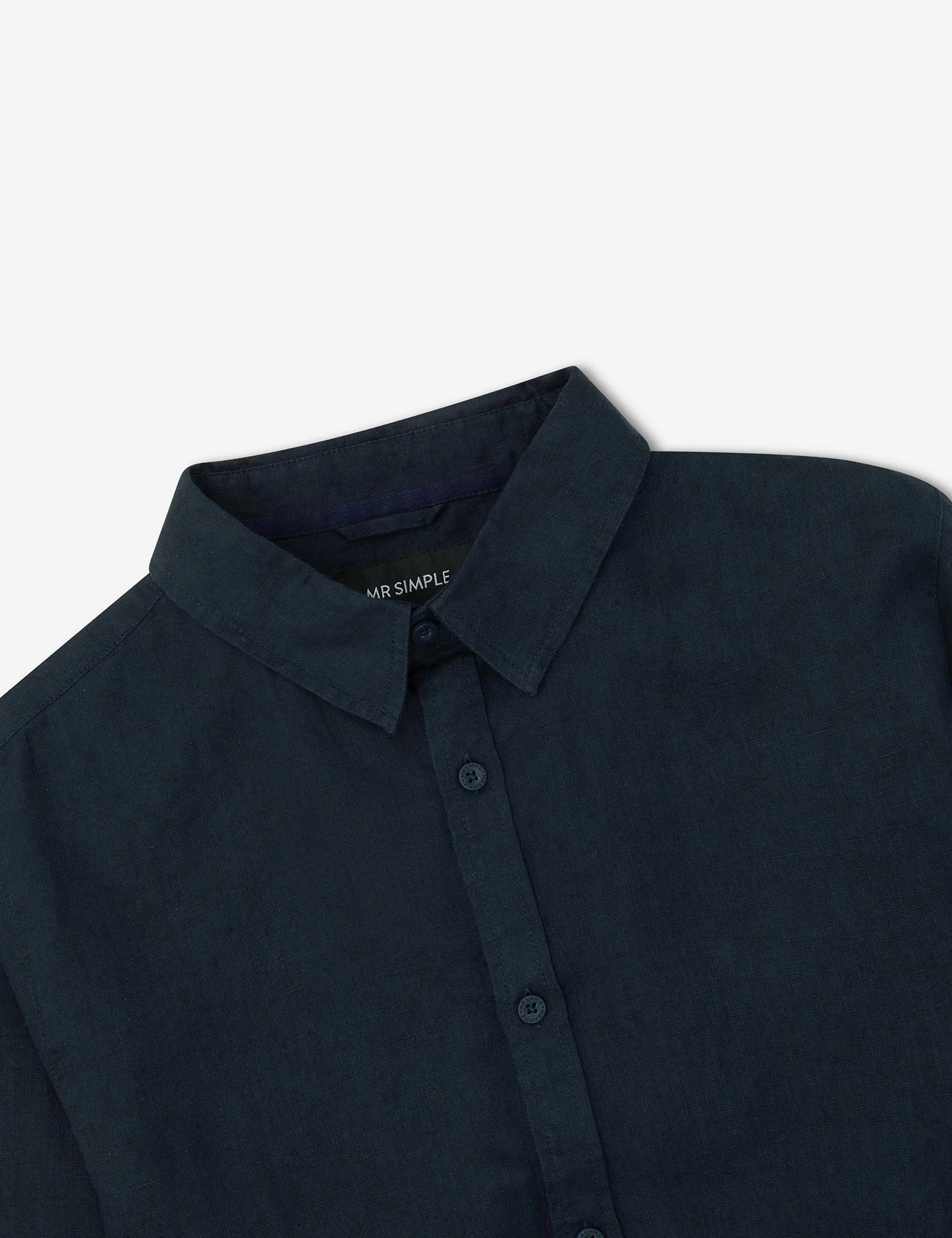 Linen Long Sleeve Shirt - Navy - Image 3