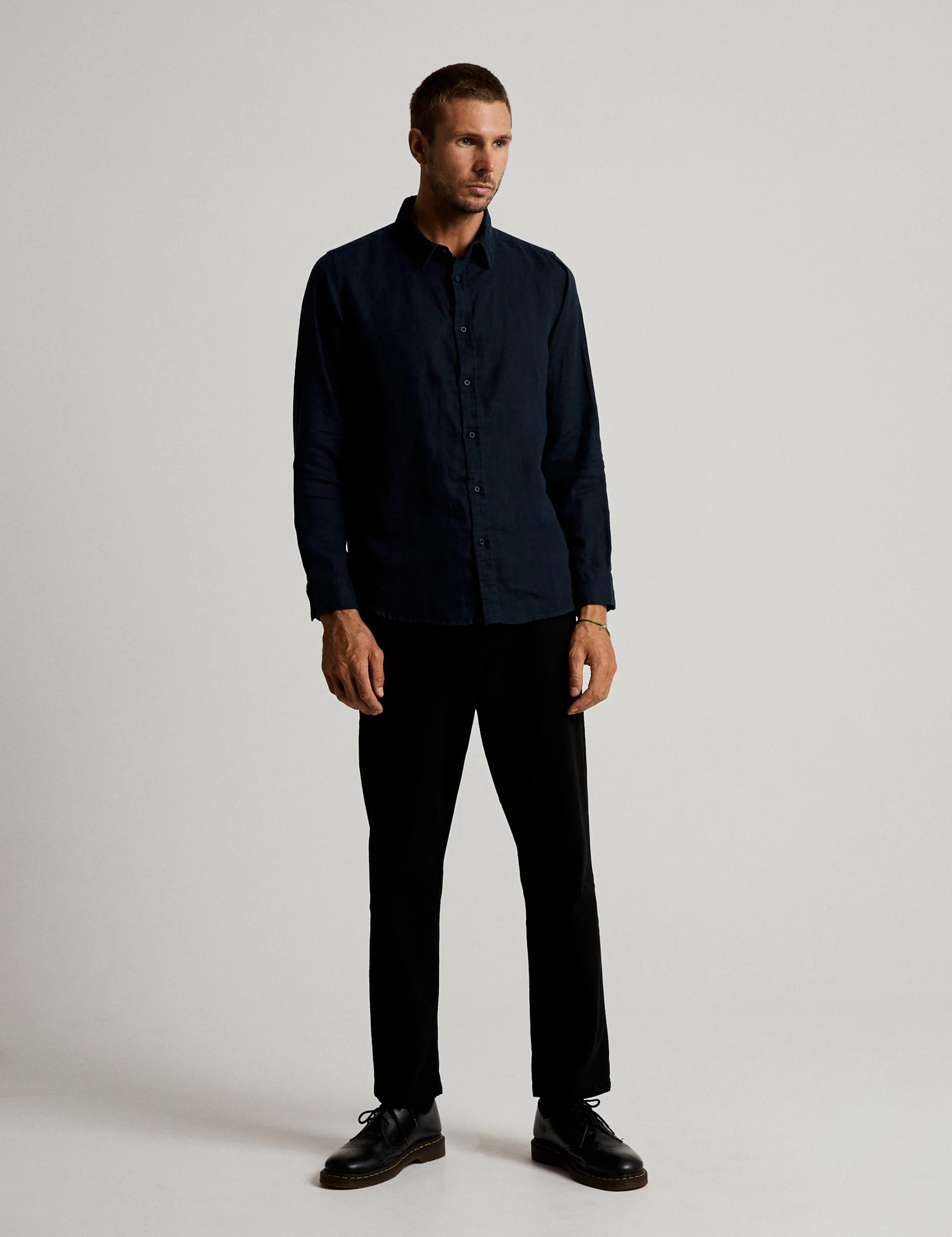 Linen Long Sleeve Shirt - Navy - Image 5