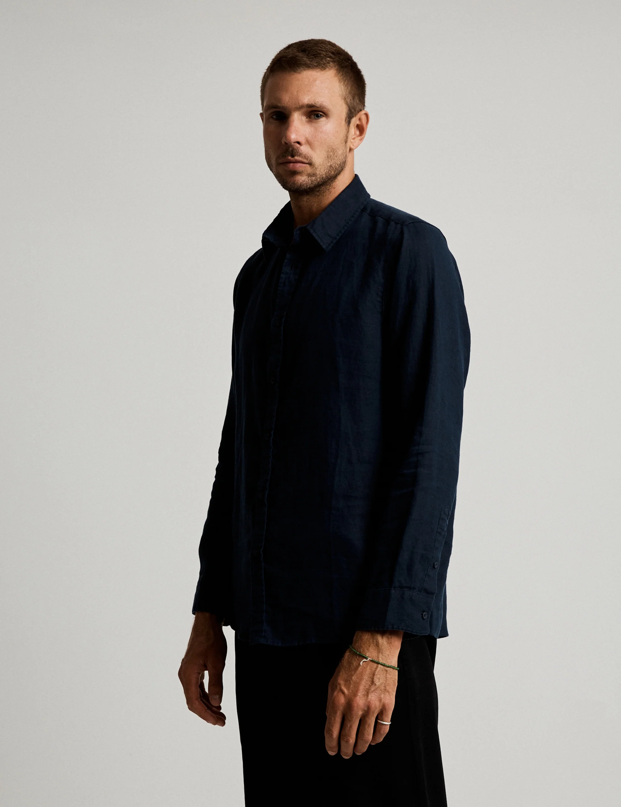 Linen Long Sleeve Shirt - Navy - Image 6