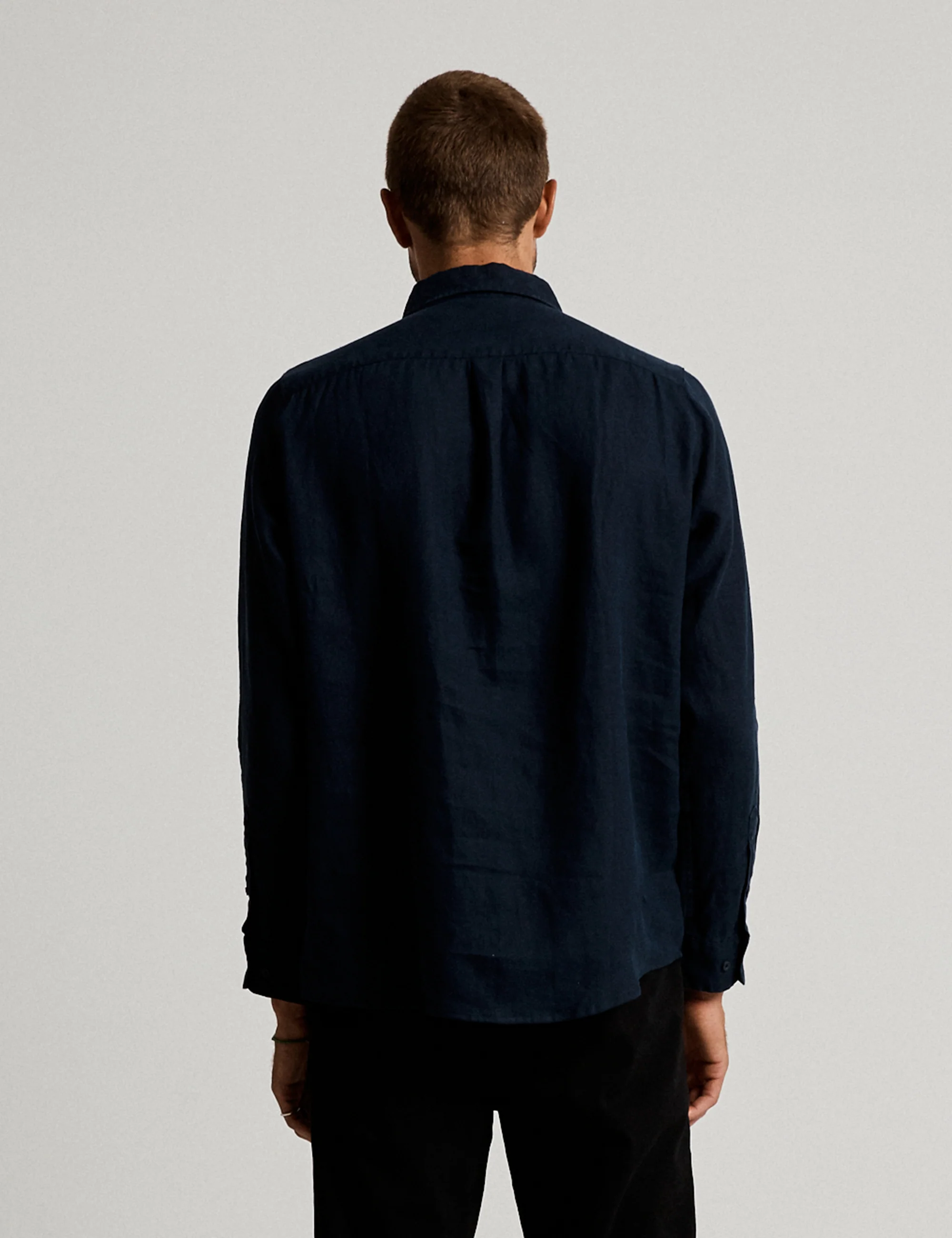 Linen Long Sleeve Shirt - Navy - Image 7